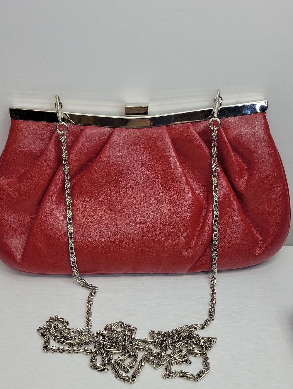 Bijoux Terner Red Pleated Frame Clutch with Silver Chain